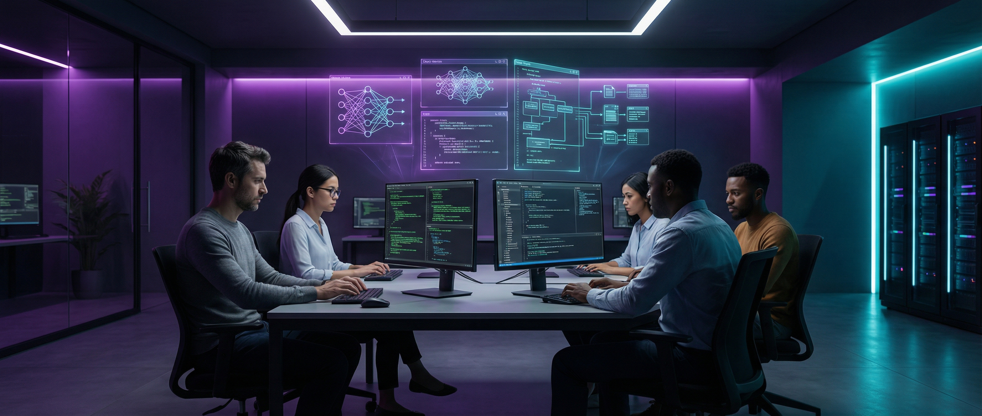 AI coding agents powering a small startup team — multiple monitors showing code streams in a modern office