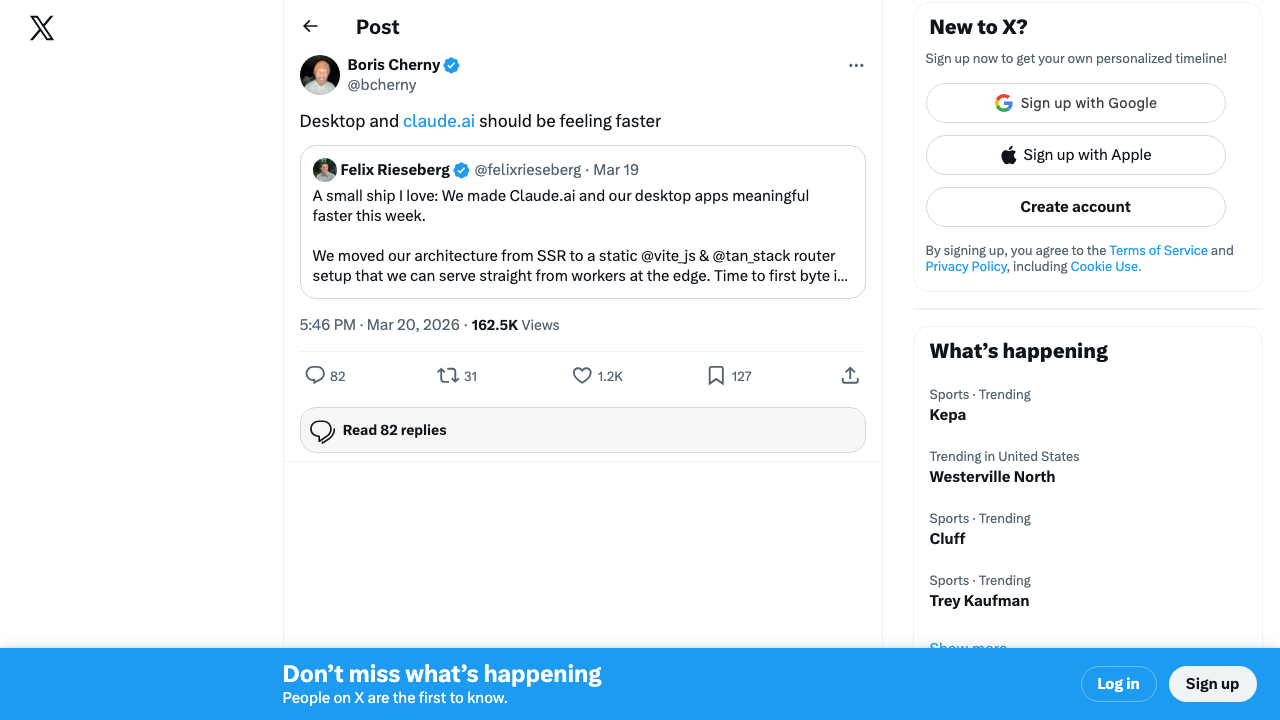 Boris Cherny (@bcherny, Anthropic) — "Desktop and claude.ai should be feeling faster"